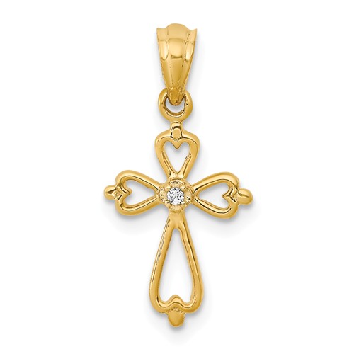 14k Yellow Gold .01 ct tw Diamond Cross Pendant With Hearts