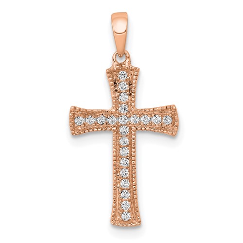 14k Rose Gold 1/10 ct tw Diamond Cross Pendant with Beaded Border