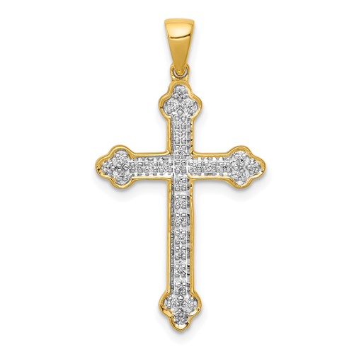 14k Yellow Gold And Rhodium 1/10 ct Diamond Budded Cross Pendant