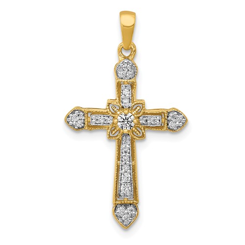 14k Yellow Gold 1/6 ct tw Diamond Filigree Cross Pendant with Hearts