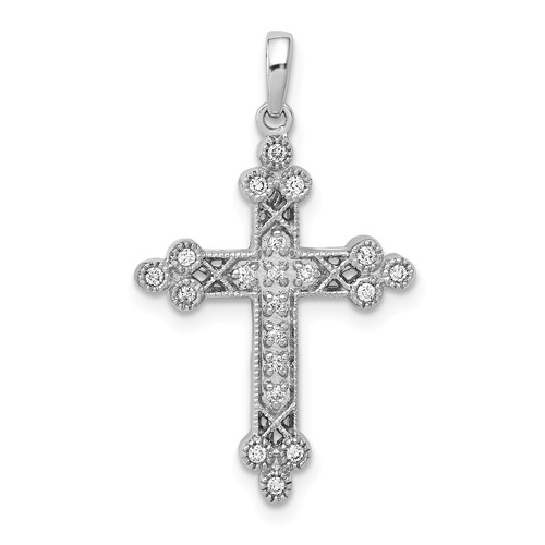 14K White Gold 1/10 ct tw Diamond Fancy Filigree Budded Cross Pendant