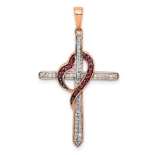 14k Rose Gold 2/5 ct tw Red and White Diamond Cross with Heart Pendant
