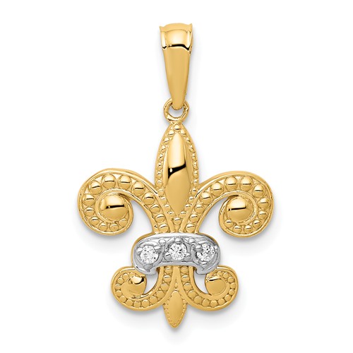 14k Yellow Gold Rhodium Diamond Fleur De Lis Pendant 1/2in