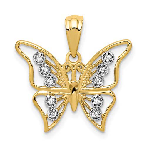 10k Yellow Gold and Rhodium .05 ct Diamond Butterfly Pendant