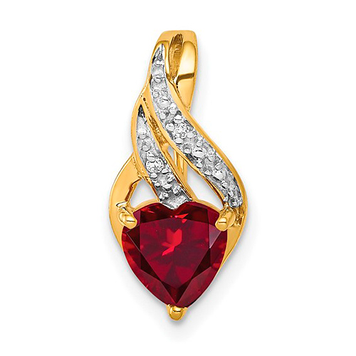 14k Yellow Gold Created Ruby Heart Pendant with Diamond Accents