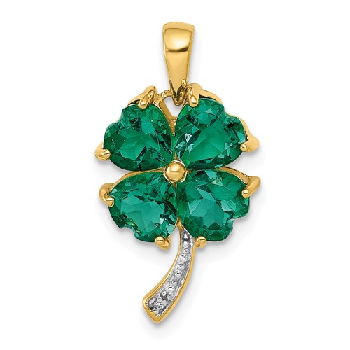 14k Yellow Gold Created Emerald Four Leaf Pendant with Diamonds