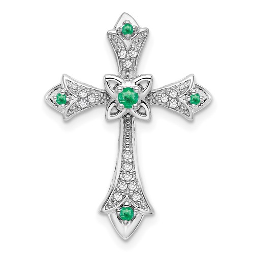 10k White Gold Emerald and Diamond Fleur de Lis Cross Pendant Slide 1in