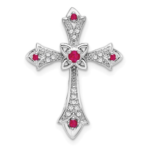 10k White Gold Ruby and Diamond Fleur de Lis Cross Pendant Slide 1in