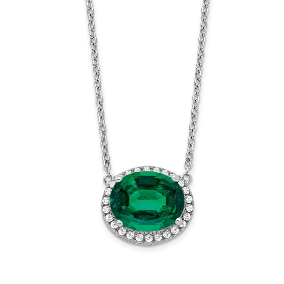 14k White Gold 2.6 ct Oval Created Emerald and Diamond Halo Necklace