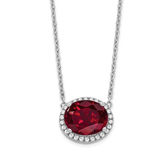 14k White Gold 3.1 ct Oval Created Ruby and Diamond Halo Necklace