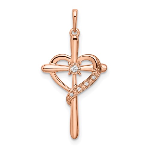 14k Rose Gold Cross Heart Pendant and Diamond Accent