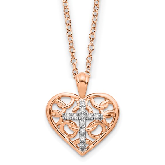 10k Rose Gold and Rhodium Diamond Cross in Heart Necklace