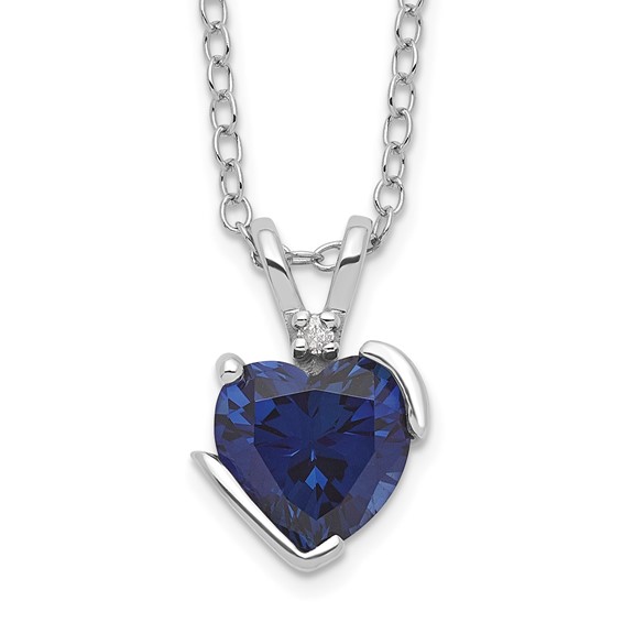 Sterling Silver 7mm Created Blue Sapphire Heart Necklace with Diamonds