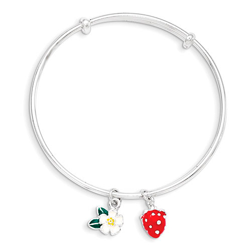 Sterling Silver Enamel Kid's Flower and Strawberry Bangle Bracelet