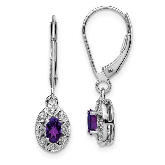 Sterling Silver 0.6 ct tw Oval Amethyst Leverback Earrings With Diamonds