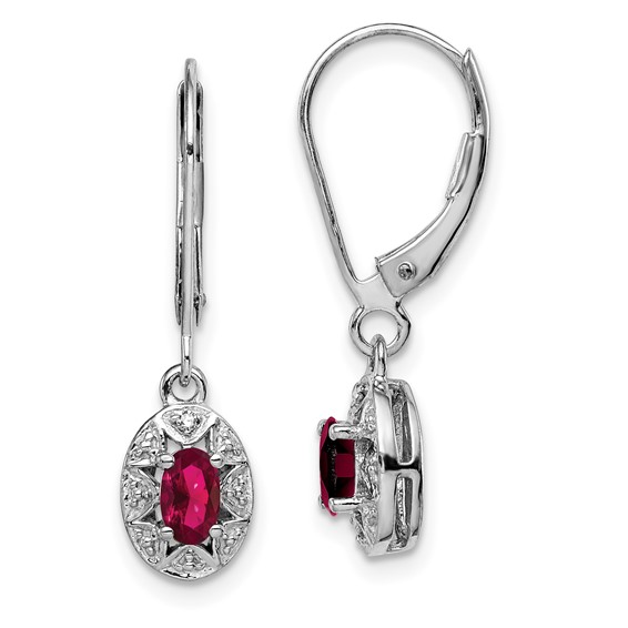 Sterling Silver Diamond and Oval Created Ruby Leverback Earrings
