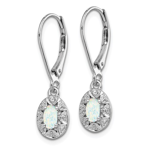 Sterling Silver Diamond and Created Opal Leverback Earrings