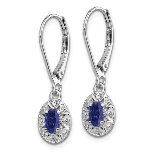 Sterling Silver Diamond and Oval Created Sapphire Earrings