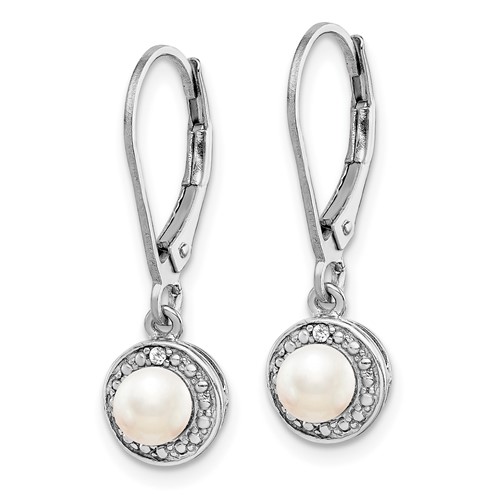 Sterling Silver Diamond and Cultured Pearl Halo Leverback Earrings