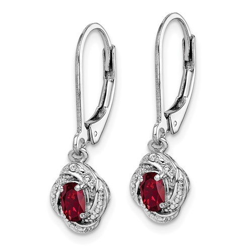 Sterling Silver Fancy Created Ruby Leverback Earrings with Diamonds