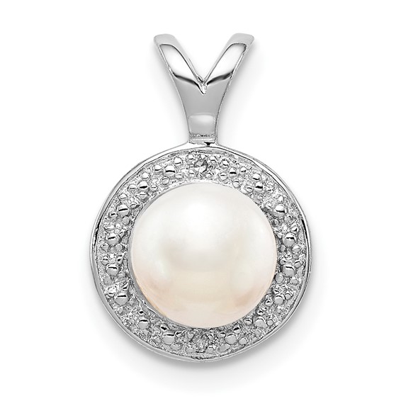 Sterling Silver 6mm Freshwater Pearl Pendant with Diamonds