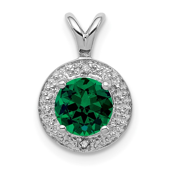 Sterling Silver Diamond and Created Emerald Pendant