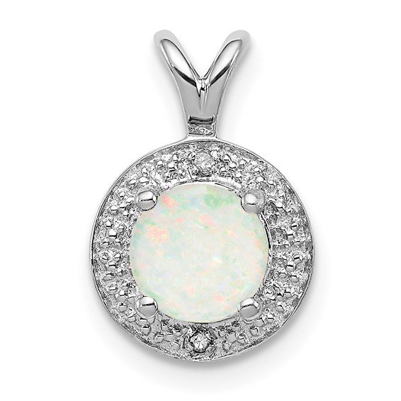 Sterling Silver Created Round Opal Pendant With Genuine Diamonds