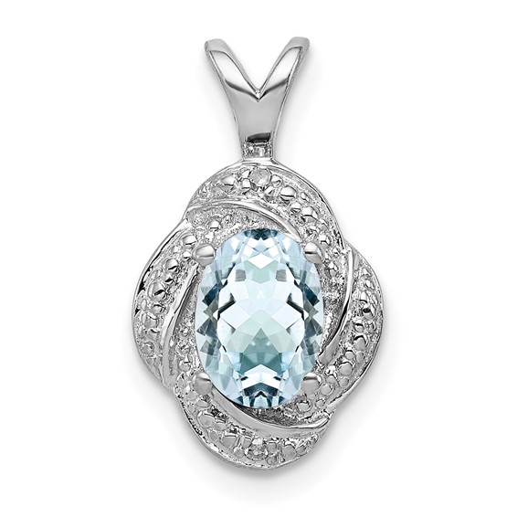 Sterling Silver 0.7 ct Oval Aquamarine Pendant with Diamonds