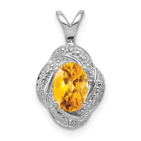 Sterling Silver 0.8 ct Oval Citrine Pendant with Diamonds