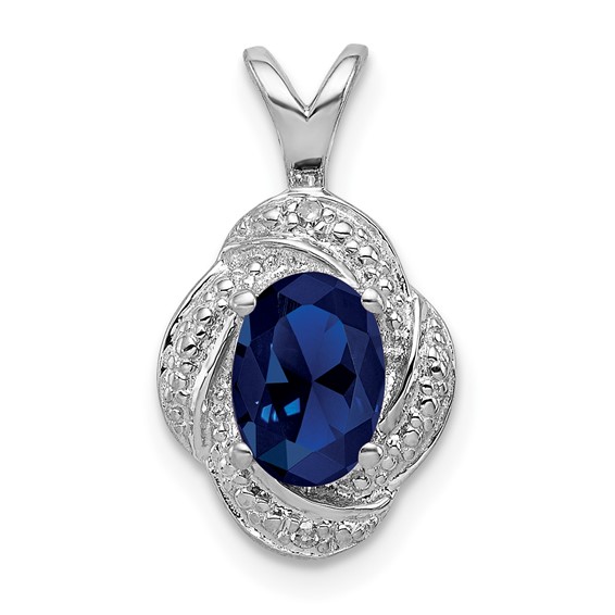 Sterling Silver Oval Created Sapphire Pendant with Diamonds