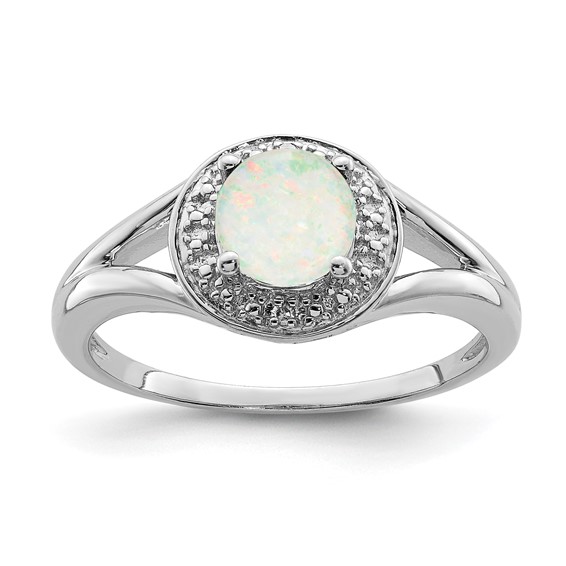Sterling Silver Created Round Opal Ring with Diamond Accents