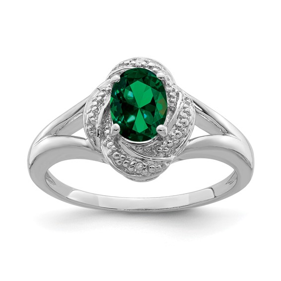 Sterling Silver Created Emerald Ring with Diamonds