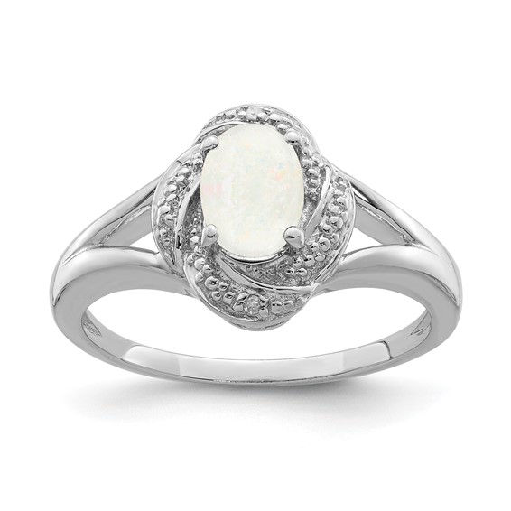 Sterling Silver Diamond Accents Oval Created Opal Ring