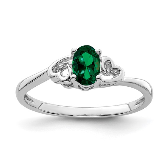 Sterling Silver .40 ct Created Emerald Ring with Heart Accents
