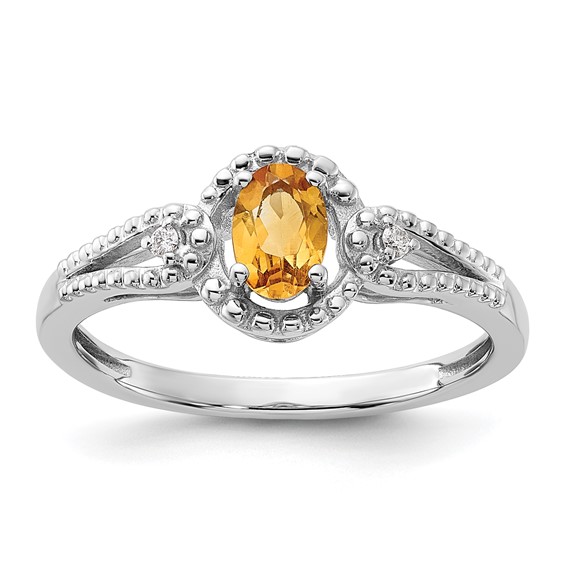Sterling Silver Oval Citrine and Diamond Ring