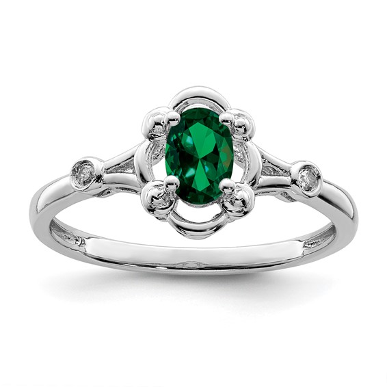 Sterling Silver Fancy .40 ct Created Emerald Ring with Diamonds