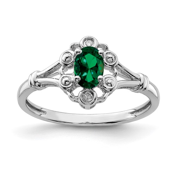 Sterling Silver Ornate Created Emerald Ring with Diamond Accents