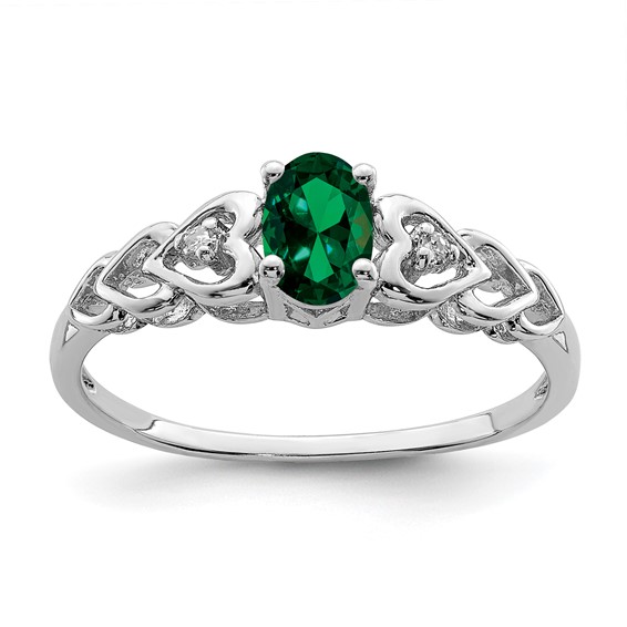 Sterling Silver Created Emerald Ring with Hearts and Diamond Accents