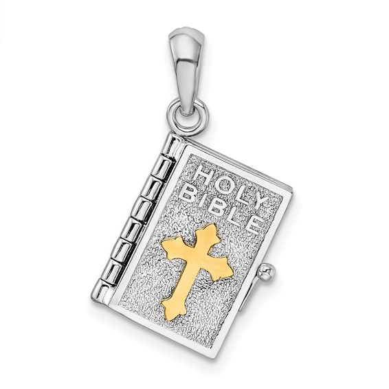 Sterling Silver Holy Bible Pendant with Gold Cross Accent