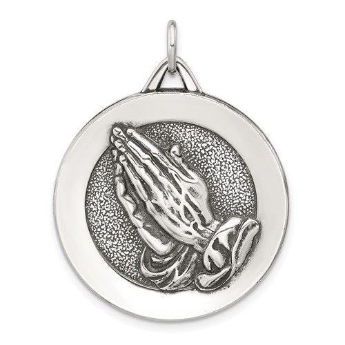 Sterling Silver Praying Hands Serenity Prayer Pendant 1in