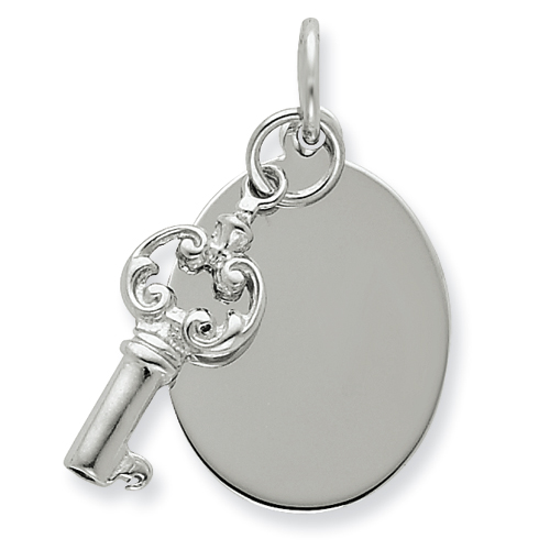 Key and Oval Tag Charm 7/8in Sterling Silver