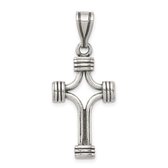 Sterling Silver Antiqued Cross Pendant with Grooved Caps 1in