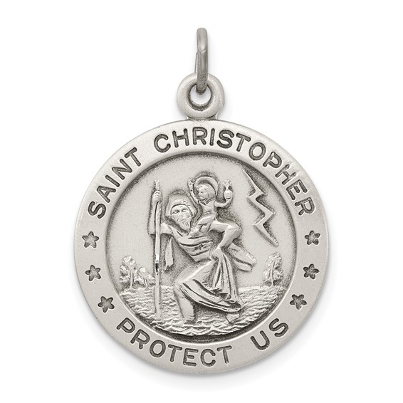 Sterling Silver 3/4in Round St. Christopher Medal with Antique Finish