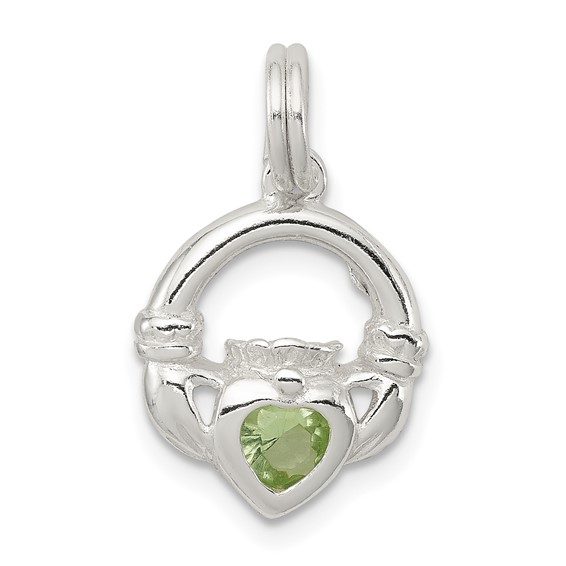 7/16in Claddagh with Green CZ Charm - Sterling Silver