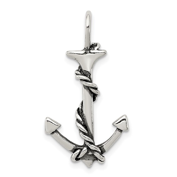 Sterling Silver 3D Antiqued Anchor and Rope Pendant