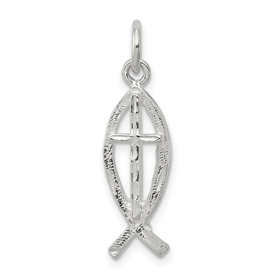 Sterling Silver 3/4in Ichthus Fish Charm with Cross