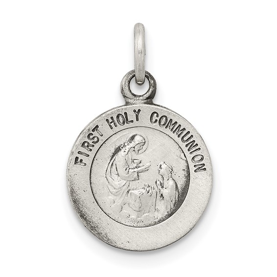 Sterling Silver 3/8in Antiqued First Holy Communion Medal