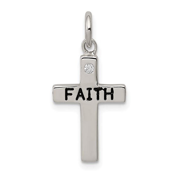 Sterling Silver 5/8in FAITH Cross Charm with Cubic Zirconia Accent