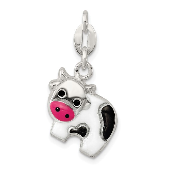 Sterling Silver Black and Pink Enameled Cow Charm