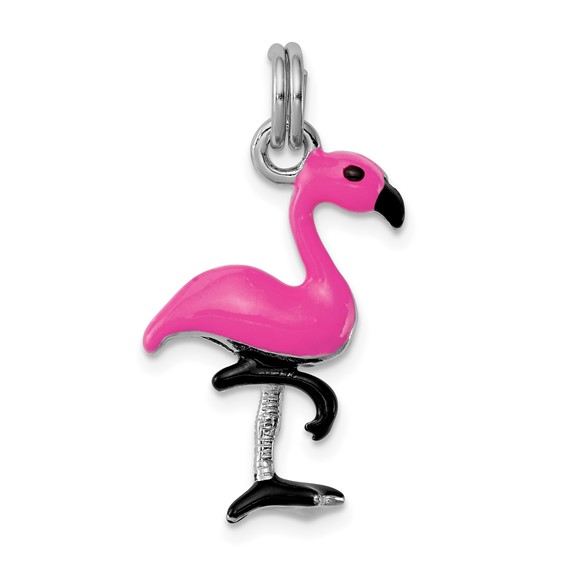 Sterling Silver Pink and Black Enamel Flamingo Charm